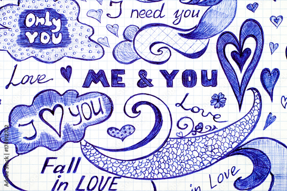Love doodles messages with phrase, patterns and elements. Love doodles messages with phrase, patterns and elements.