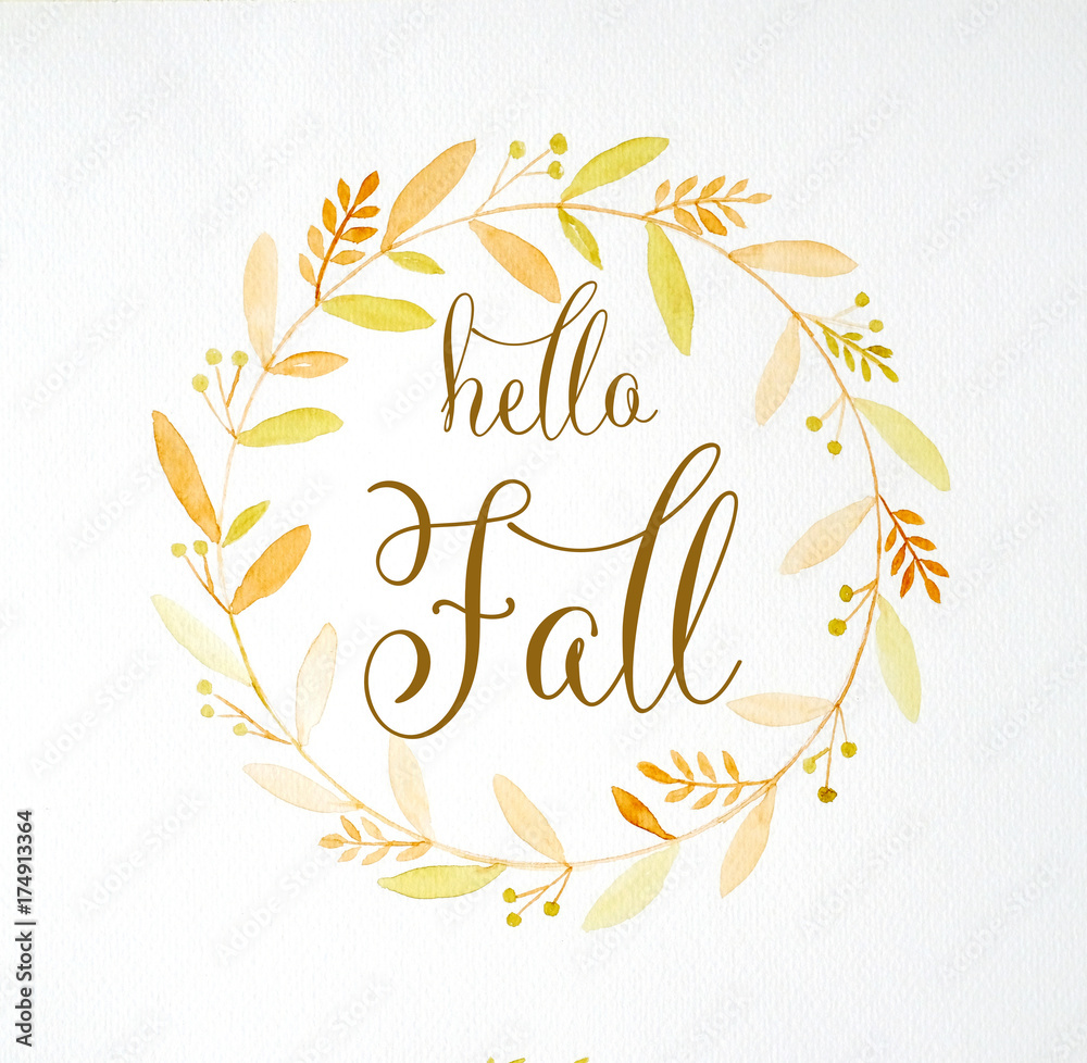 Hello fall over hand drawing autumn flowers wreath in watercolor style on white paper background, greeting card, banner