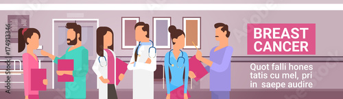 Breast Cancer Group Of Doctors On Disease Awareness And Prevention Poster Flat Vector Illustration