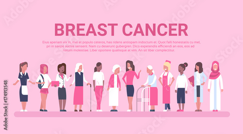 Breast Cancer Day Diverse Group Of Woman Disease Awareness And Prevention Poster Flat Vector Illustration