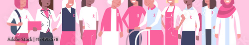 Breast Cancer Day Diverse Group Of Woman Disease Awareness And Prevention Poster Flat Vector Illustration