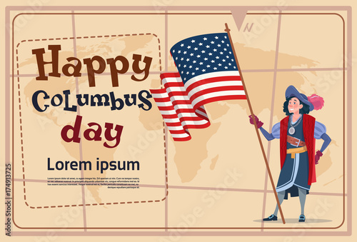 Happy Columbus Day America Discover Holiday Poster Greeting Card Flat Vector Illustration