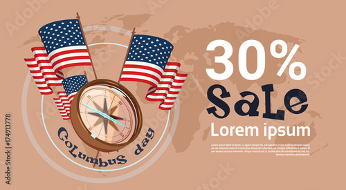 Happy Columbus Day Seasonal Holiday Sale Shopping Discount America Discover Poster Greeting Card Flat Vector Illustration