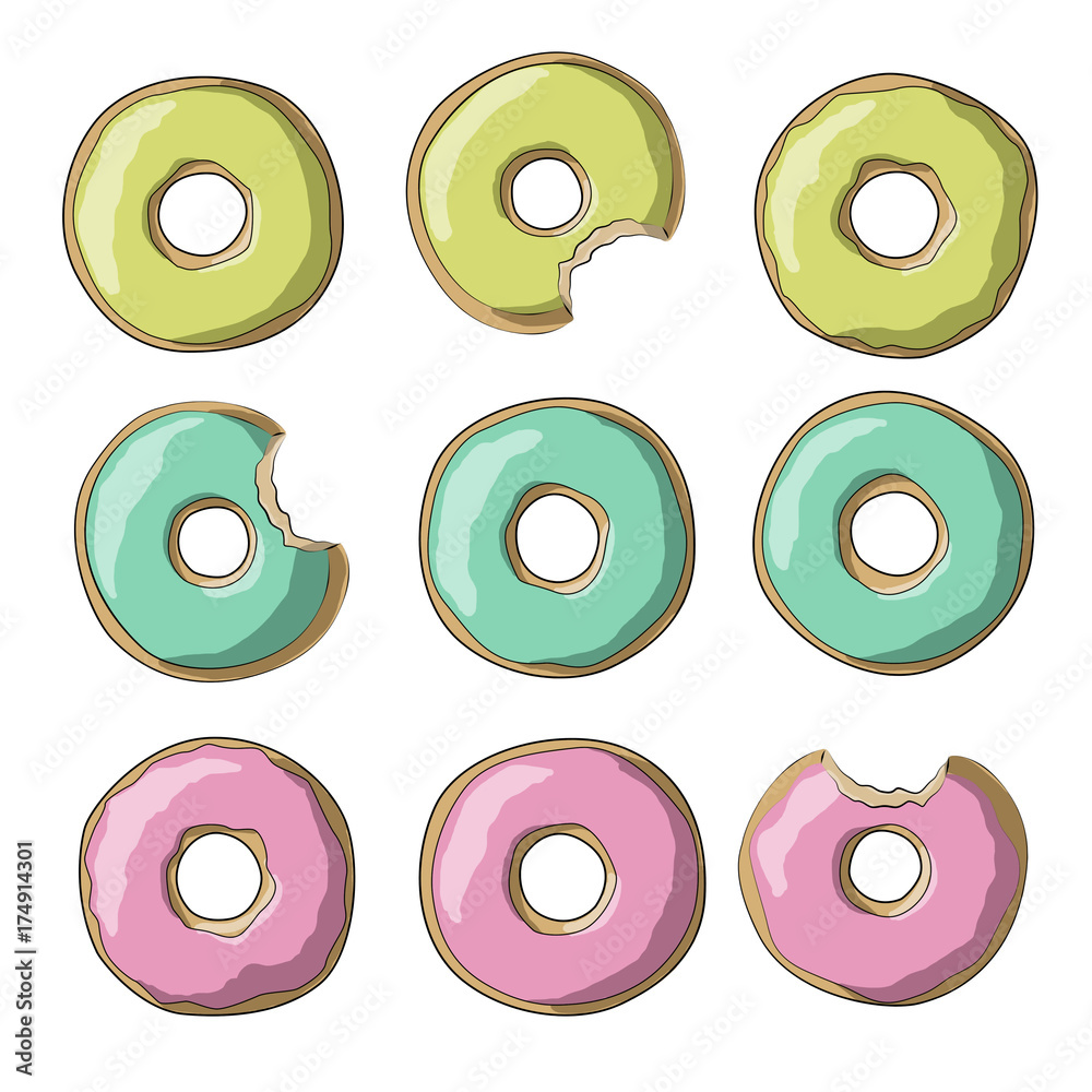 Illustration of sweet colored donuts in yellow, pink and green colors on a white background Illustration of sweet colored donuts in yellow, pink and green colors on a white background