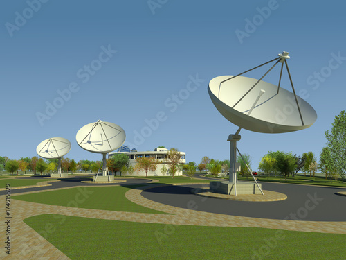 Telecommunications earth station architectural model 3D illustration 2. Blue sky background. Collection.