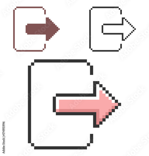Pixel icon of exit (logout) in three variants. Fully editable