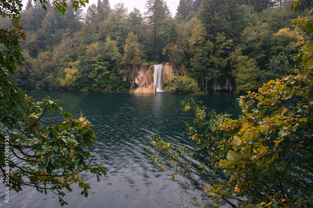 Small waterfalls in a beautiful scenery of the Plitvice Lakes National Park in Croatia