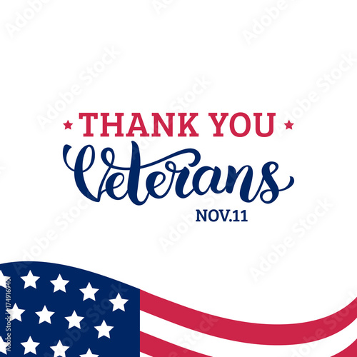 Happy Veterans Day lettering with USA flag vector illustration. November 11 holiday background. Celebration poster.