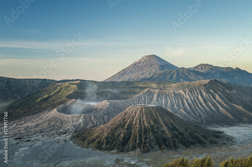 Mount Bromo volcano  Gunung Bromo  during sunrise from viewpoint on Mount Penanjakan.