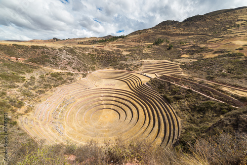 The archaeological site at Moray, travel destination in Cusco region and the Sacred Valley, Peru. Majestic concentric terraces, supposed Inca's food farming laboratory.