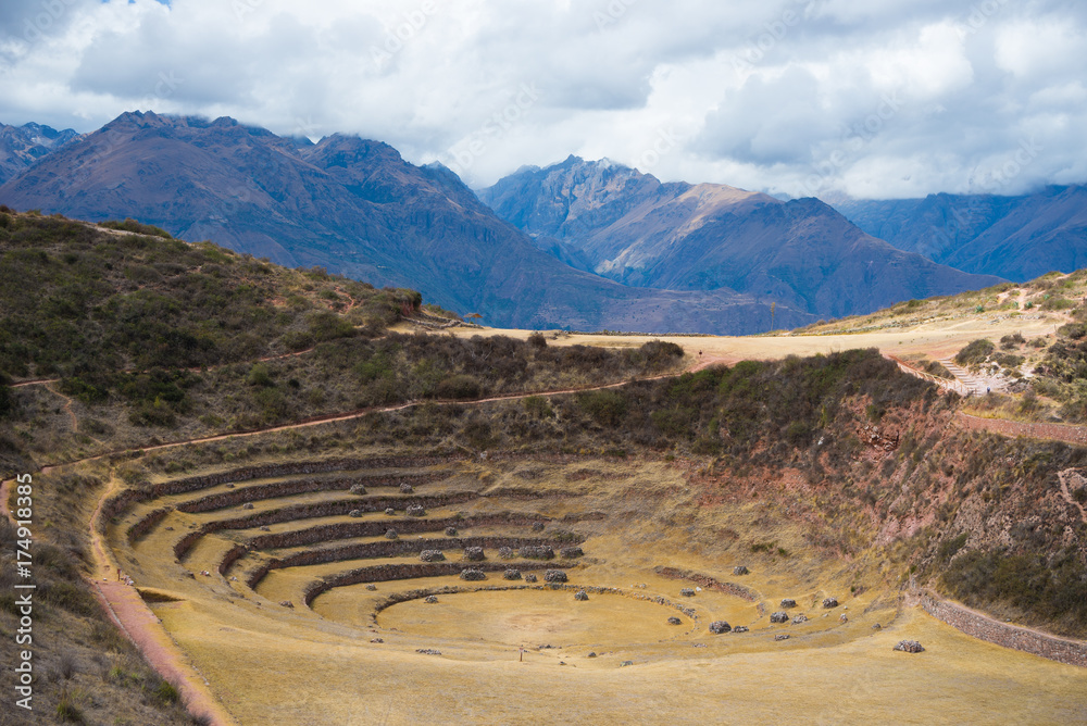 The archaeological site at Moray, travel destination in Cusco region and the Sacred Valley, Peru. Majestic concentric terraces, supposed Inca's food farming laboratory.