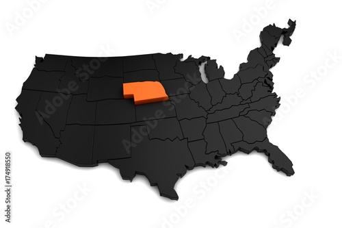 United States of America  3d black map  with Nebraska state highlighted in orange. 3d render
