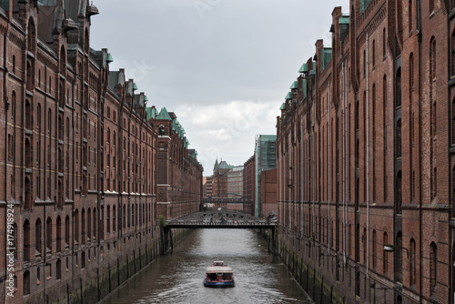 View of a canal in the Speicherstadt, Hamburg, Germany