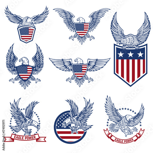 Set of emblems with eagles and american flags.