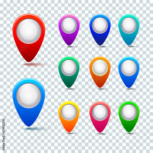 set of color map markers on transparent checkered background. vector illustration