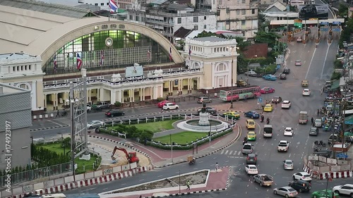 Bangkok skyline cityscape at twilight evening. Hua Lamphong train station, vehicle traffic on road and express way, modern and tall building, video footage clip