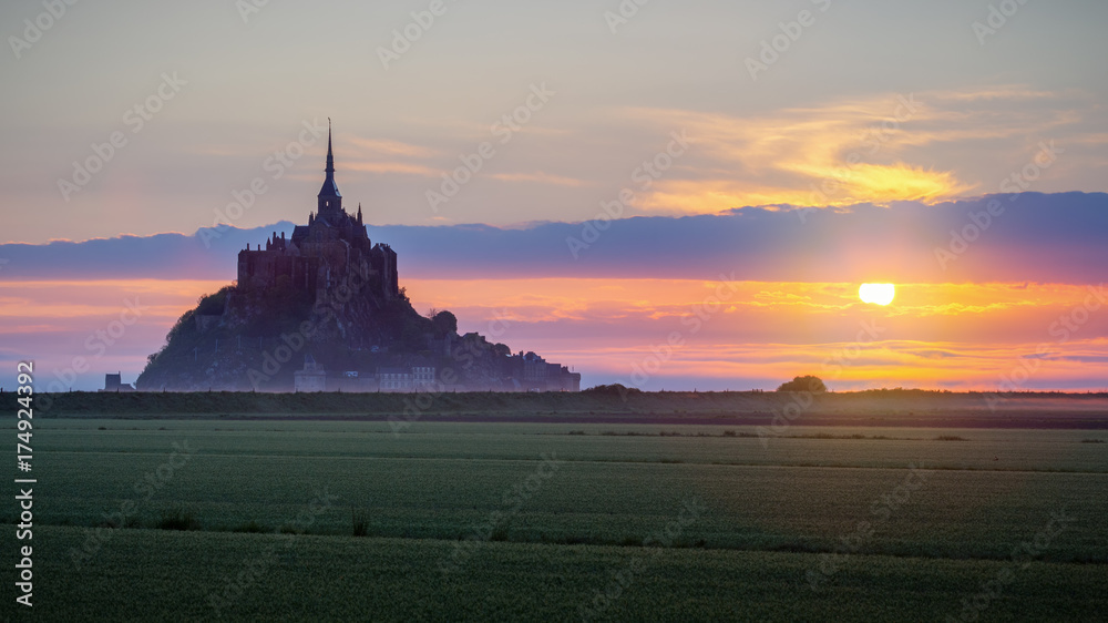 Mont Saint-Michel view in the sunrise light. Normandy, northern France