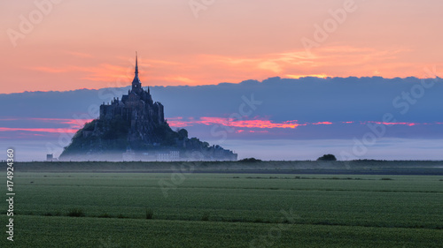 Mont Saint-Michel view in the sunrise light. Normandy, northern France