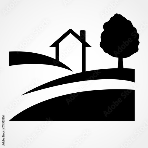 Vector logo template for country village, organic farm. Illustration of country house with hills and garden