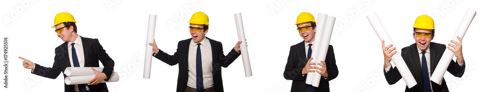 Funny architect with drawings on white Funny architect with drawings on white