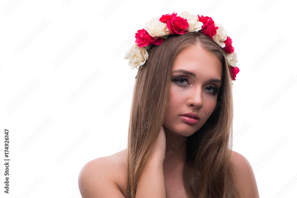 Beautiful young female model with make up posing isolated on whi