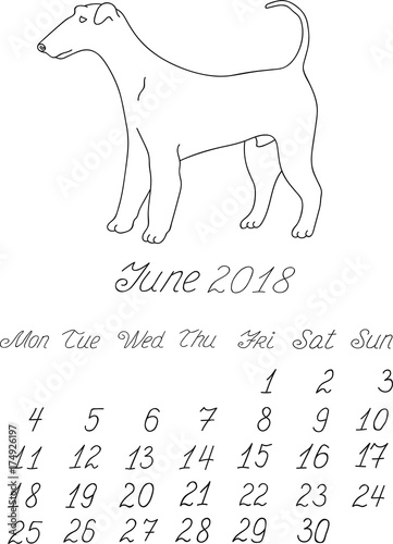Creative vector hand drawn doodle monthly english calendar template for year 2018 with illustration of different dogs pedigrees. Lettering, typeface. June, airedale terrier. Editable.