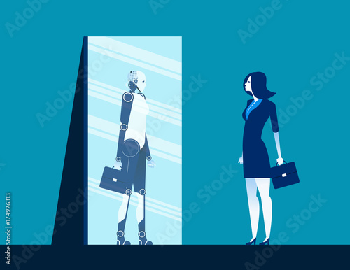 Businesswoman standing and looking body in mirror of robot reflection. Concept business vector illustration. Flat design style