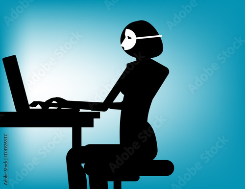Conceal. Woman wearing mask play computer. Concept business vector illustration.