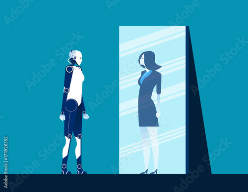 Robot standing and looking body in mirror of women reflection. Concept business vector illustration. Flat design style