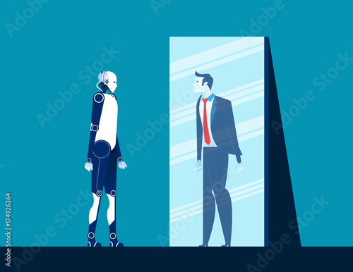 Robot standing and looking body in mirror of men reflection. Concept business vector illustration. Flat design style