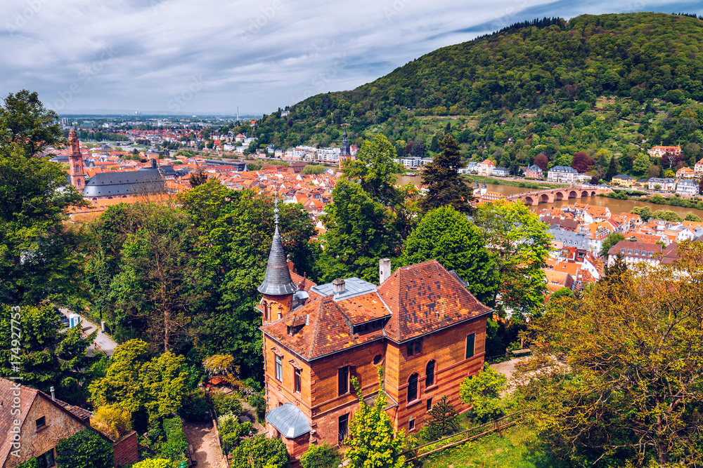 Panoramic view of beautiful medieval town Heidelberg including Carl Theodor Old Bridge, Neckar river, Church of the Holy Spirit, Germany