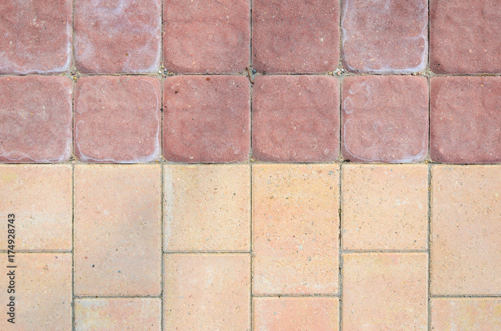 Naklejka premium Joint of Two Paving Textures from Concrete Rectangular Blocks. Two Color Tile Walkway