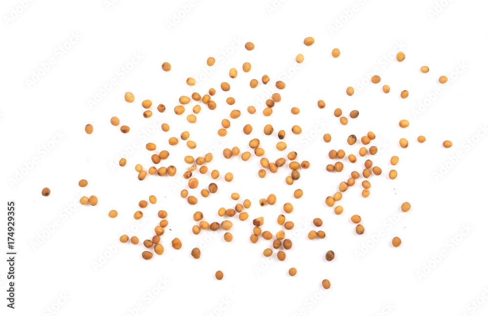 Yellow mustard seeds isolated on white background, top view