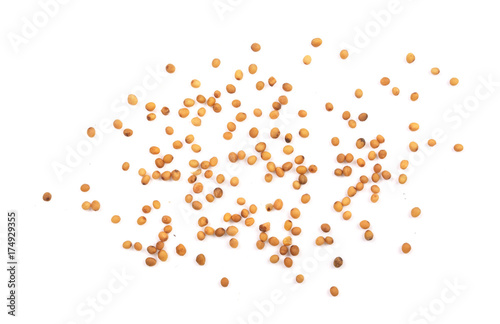 Yellow mustard seeds isolated on white background, top view