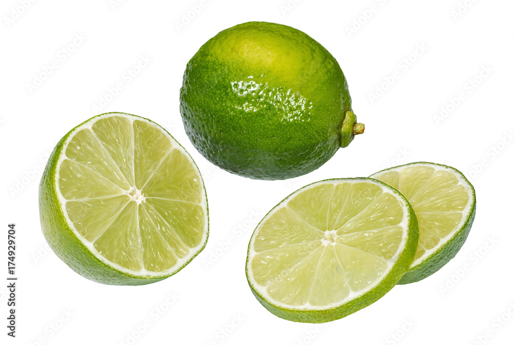 Whole and slices of juicy lime fruit Whole and slices of juicy lime fruit