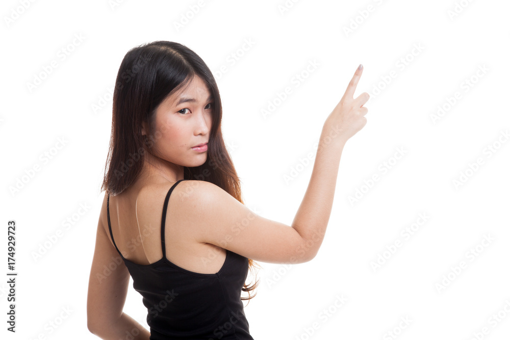 Back of Asian woman touching the screen with her finger. Back of Asian woman touching the screen with her finger.