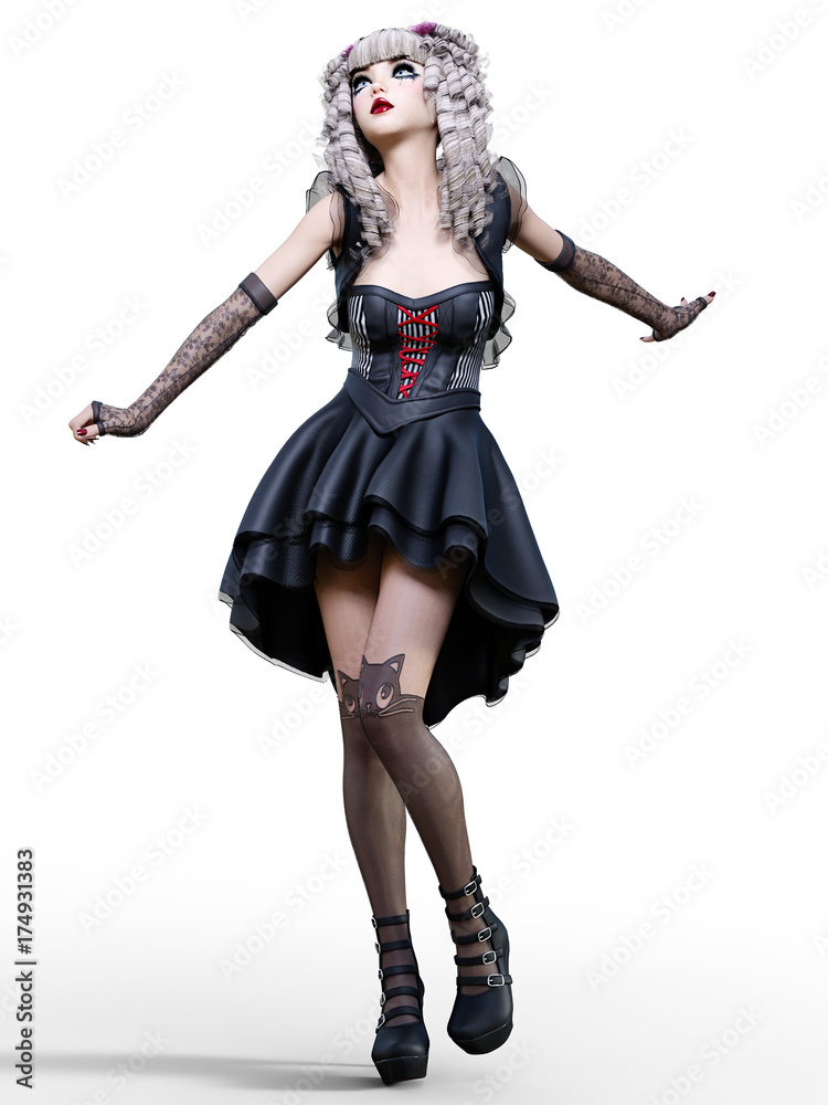 Beautiful young goth woman posing photo shoot. Short black dress, dark stockings, shoes. Long blonde hair. Bright gothic make up. Conceptual fashion art. Realistic 3D render illustration. Beautiful young goth woman posing photo shoot. Short black dress, dark stockings, shoes. Long blonde hair. Bright gothic make up. Conceptual fashion art. Realistic 3D render illustration.