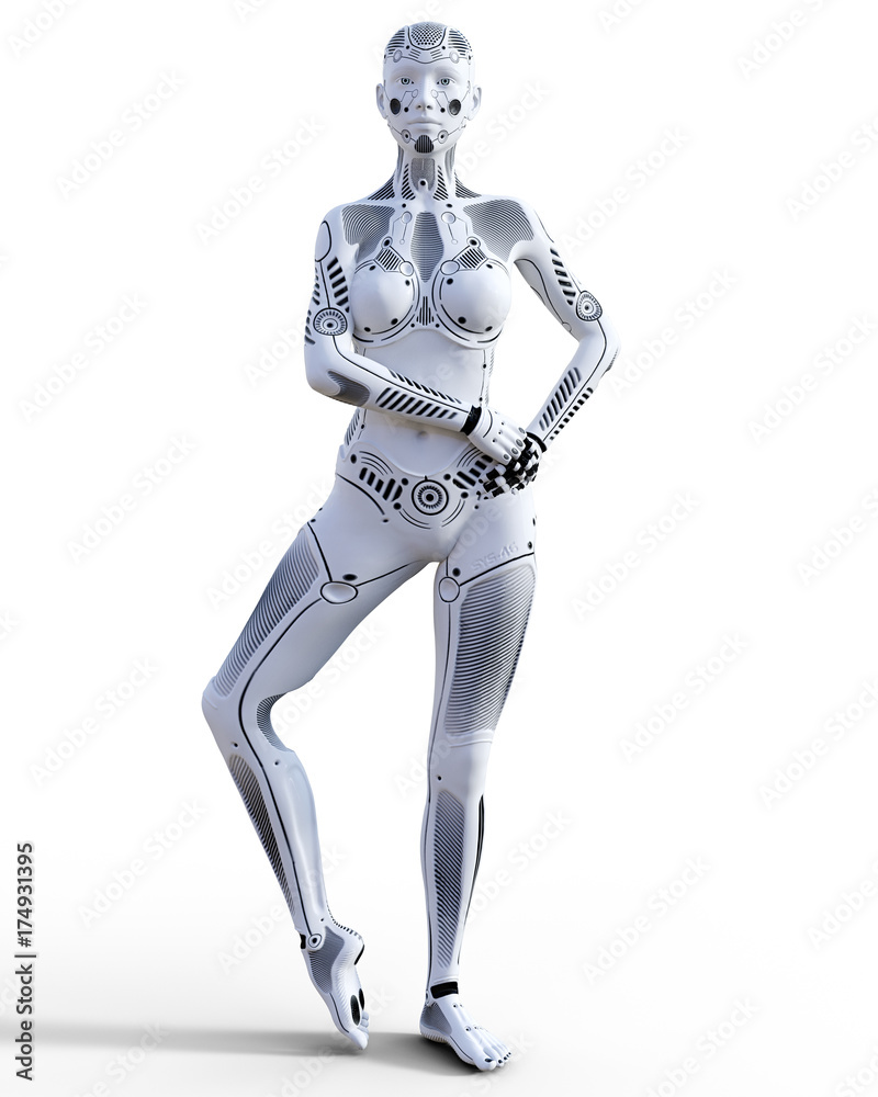 Robot woman. White metal droid. Android girl. Artificial Intelligence. Conceptual fashion art. Realistic 3D render illustration. Studio, isolate, high key.
