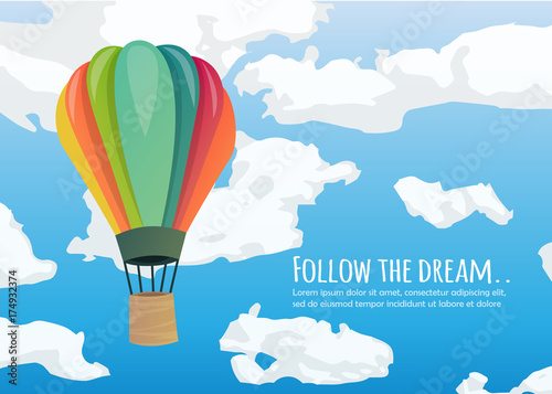 Hot air balloon in the sky with clouds. Flat cartoon design. Vector illustration
