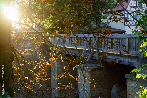 helles, gleißendes Gegenlicht untergehender Sonne in herbstlichen Ästen vor Brücke zu Schloß, D,Bayern, Hassberge, Königsberg i. Bayern