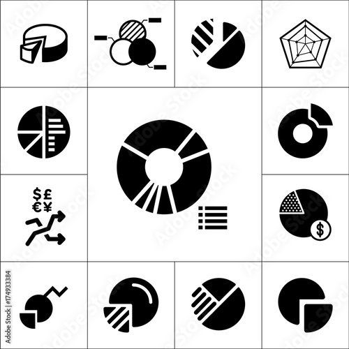 Pie chart or data presentation graph icons, isolated and vector set