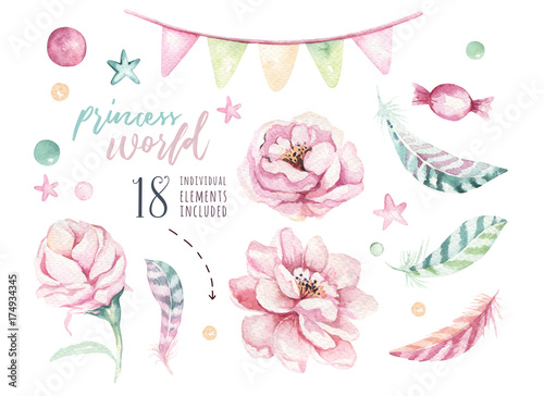Set of watercolor boho floral elements. Foliage Watercolour bohemian natural frame: leaves, feathers, flowers, Isolated on white background. Artistic decoration illustration.