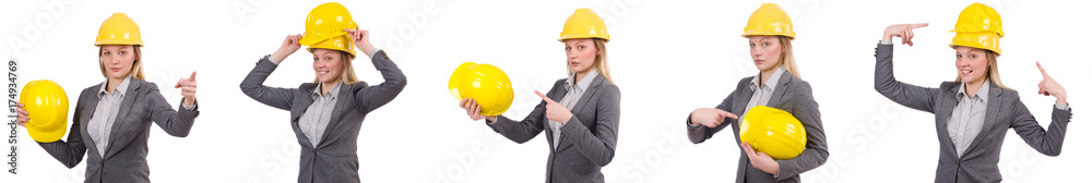 Businesswoman in gray suit and safety helmet isolated on white Businesswoman in gray suit and safety helmet isolated on white