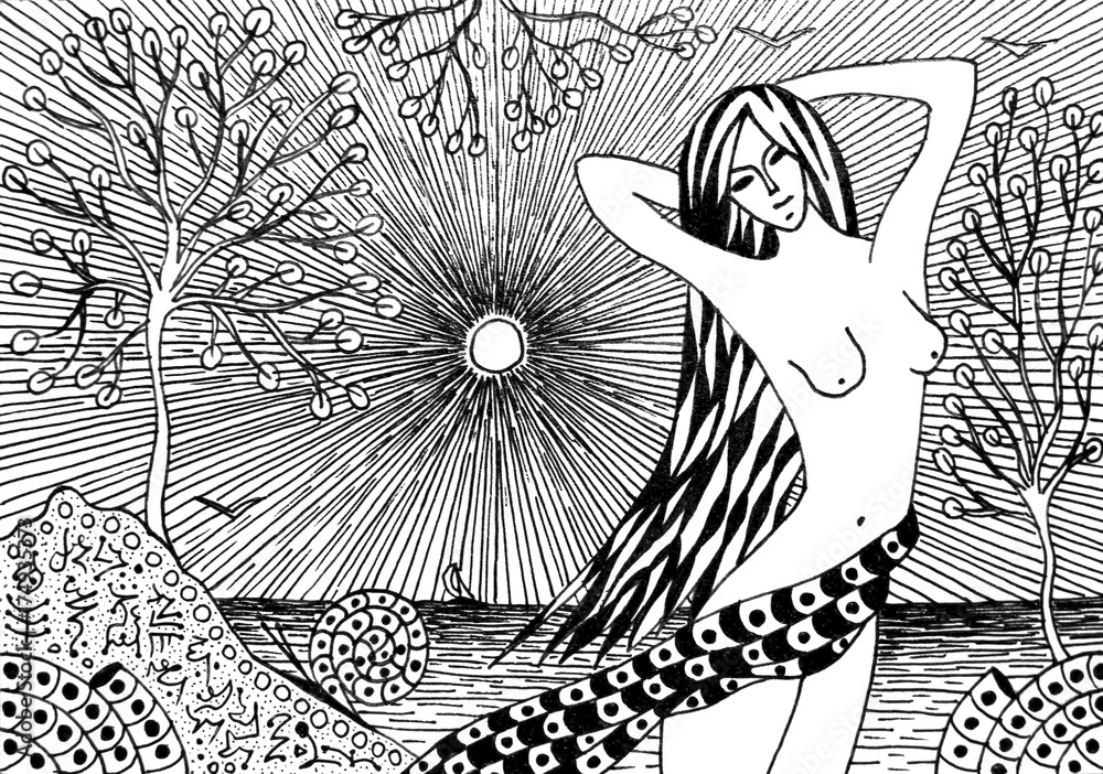 Obraz premium A woman near the sea. Beautiful girl. Black and white graphics
