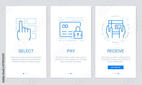 Onboarding app screens in shopping online concept. Modern and simplified vector illustration walkthrough screens template for mobile apps.