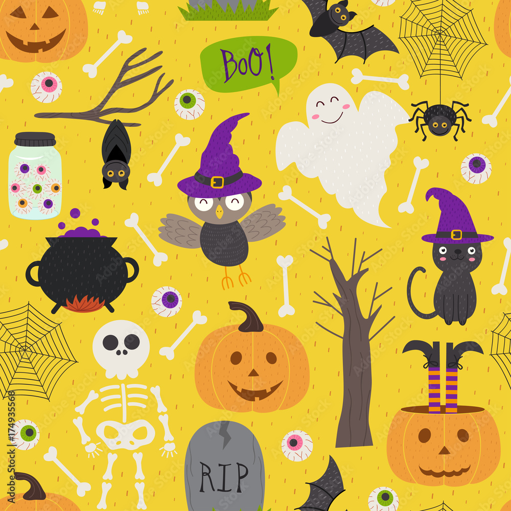 Naklejka premium seamless pattern with Halloween elements on yellow background - vector illustration, eps