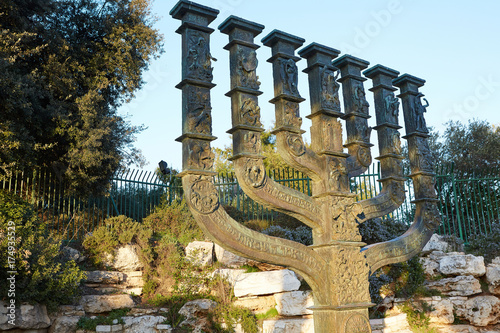 Israeli Menor coat of arms, in front of the Knesset in Jerusalem. 