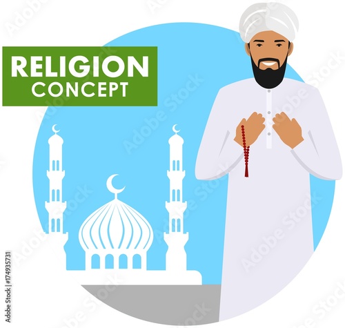 Prayer time. Religion concept. Muslim person with beads in hands pray standing on the background silhouette of mosque and minarets. Arabic man pray. Vector illustration.