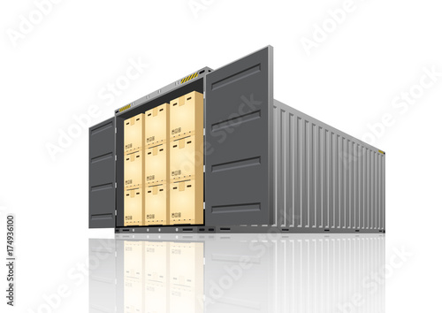 Cargo container vector isolated on white background. Metal box or equipment for storage at dock, port, warehouse. Freight transport by ship, crane, trailer truck for shipping, import export business.