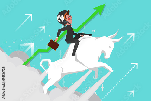 Business Concept, Young businessmen riding bullfights soaring into the sky, Cartoon Character Design flat style